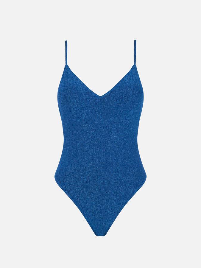Mc2 Saint Barth Costume intero con scollo a V in lurex bluette Promozione