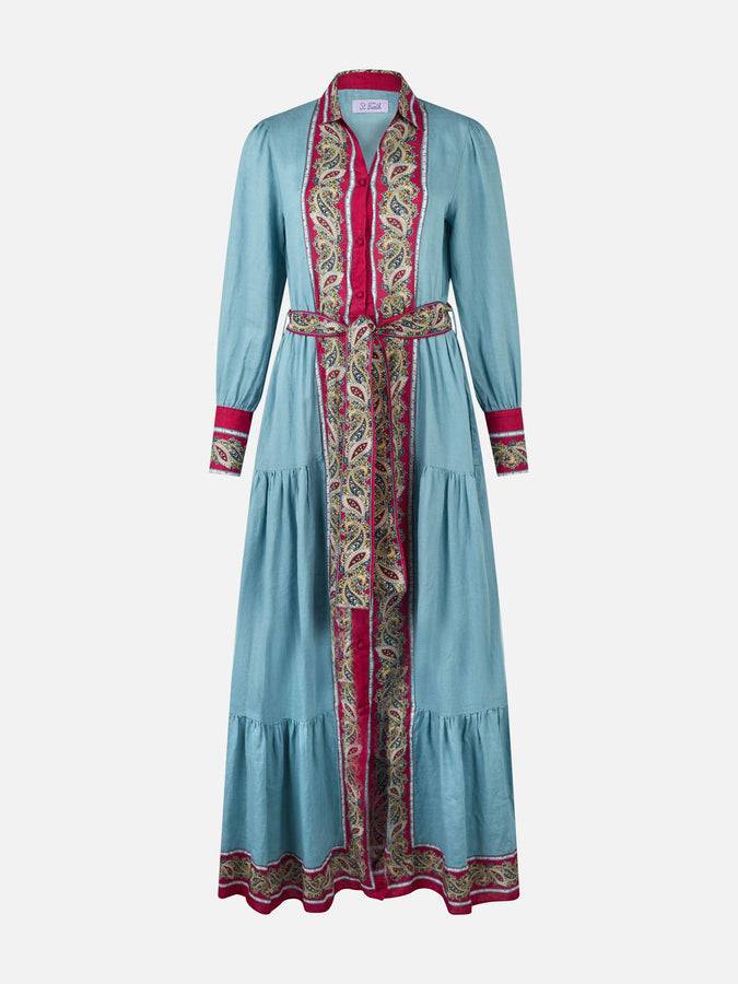 Mc2 Saint Barth Woman light blue linen dress Jensen with paisley placed print Spedizione Gratuita
