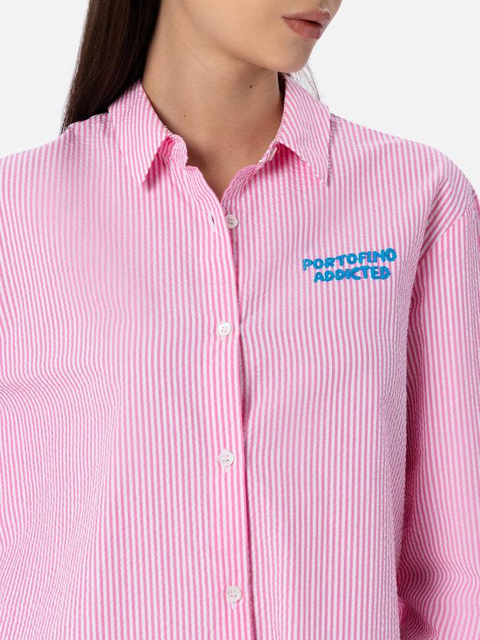 Mc2 Saint Barth Woman striped seeruscker cotton over shirt Brigitte with front and back Portofino embroidery In Saldo