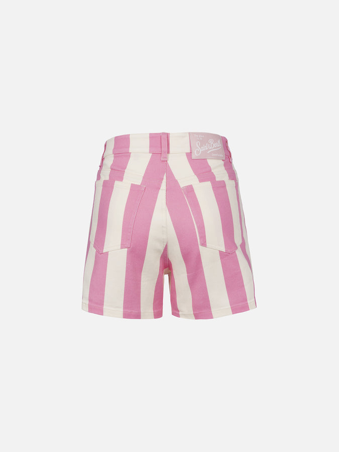 Mc2 Saint Barth Bermuda da donna Cancun in denim stampa righe rosa Solo un giorno rimasto