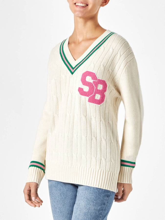 Mc2 Saint Barth Maglia da donna scollo a v intrecciata con patch Nuovi prodotti