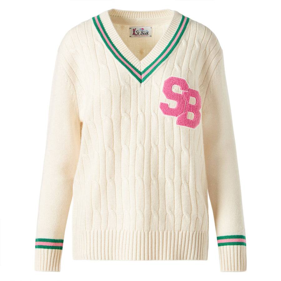 Mc2 Saint Barth Maglia da donna scollo a v intrecciata con patch Nuovi prodotti