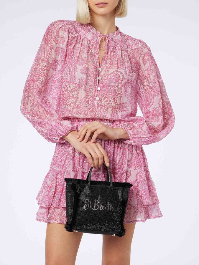 Mc2 Saint Barth Borsa Mini Vanity con frange e strass neri Sottocosto