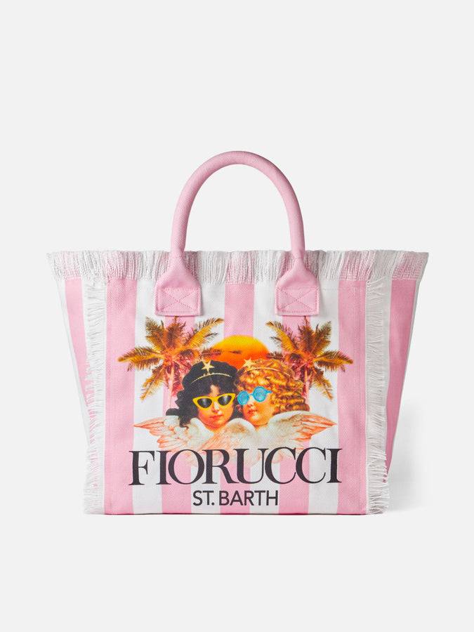 Mc2 Saint Barth Borsa a spalla Vanity in canvas con stampa a righe bianche e rosa e angeli Fiorucci | FIORUCCI SPECIAL EDITION Offerta