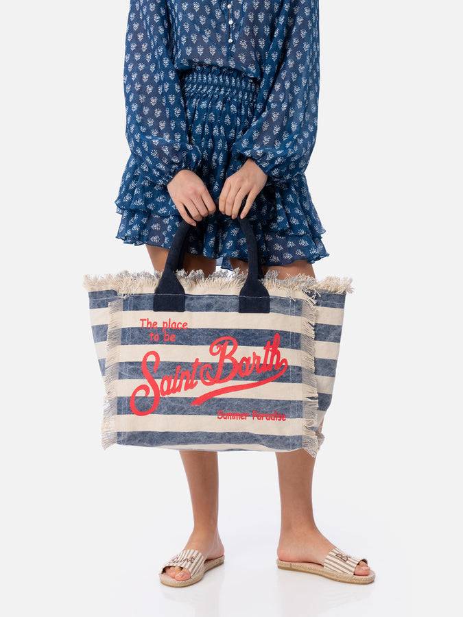 Mc2 Saint Barth Borsa tote Vanity in tela di cotone a righe blu Nuovo
