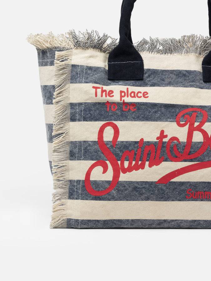 Mc2 Saint Barth Borsa tote Vanity in tela di cotone a righe blu Nuovo