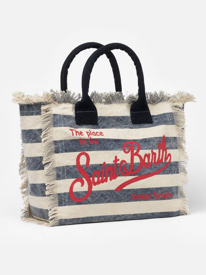 Mc2 Saint Barth Borsa tote Vanity in tela di cotone a righe blu Nuovo