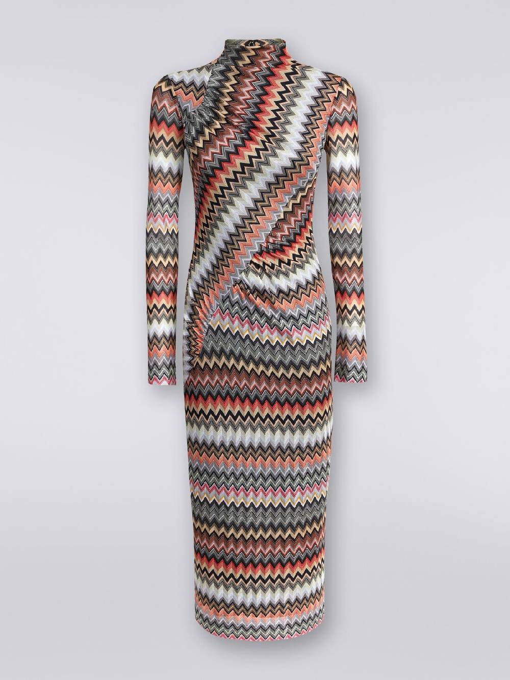 Missoni Abito lungo con collo alto in cotone e viscosa zig zag con arricciature Promozione Limitata