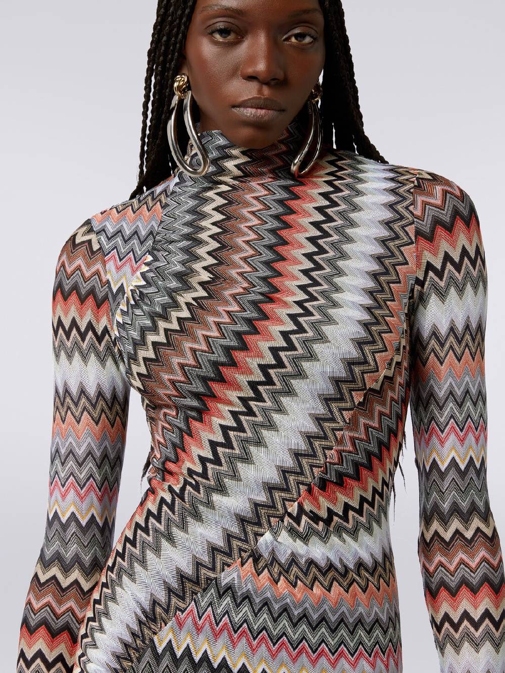 Missoni Abito lungo con collo alto in cotone e viscosa zig zag con arricciature Promozione Limitata