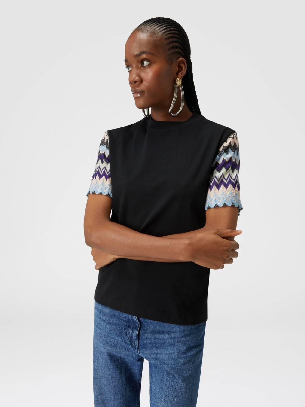Missoni T-shirt in jersey di cotone con maniche in maglia zig zag Consegna Veloce