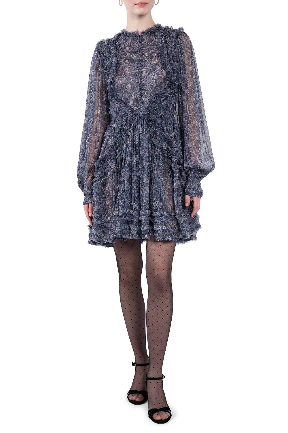 Luisa Beccaria Abito corto in chiffon con frange e micro fiori Novità