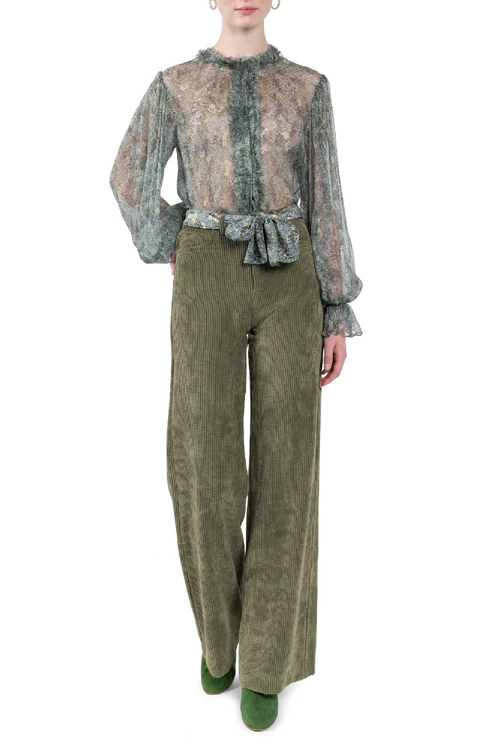 Luisa Beccaria Pantaloni palazzo in velluto a coste verde Sconto