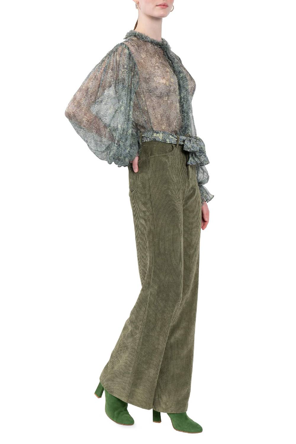 Luisa Beccaria Pantaloni palazzo in velluto a coste verde Sconto