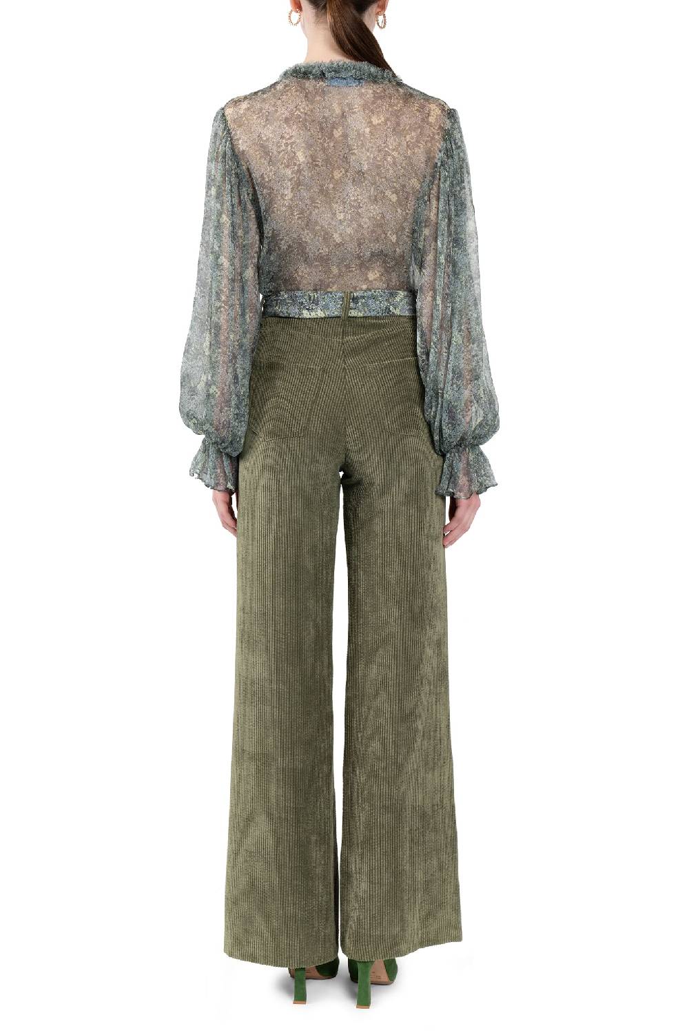 Luisa Beccaria Pantaloni palazzo in velluto a coste verde Sconto