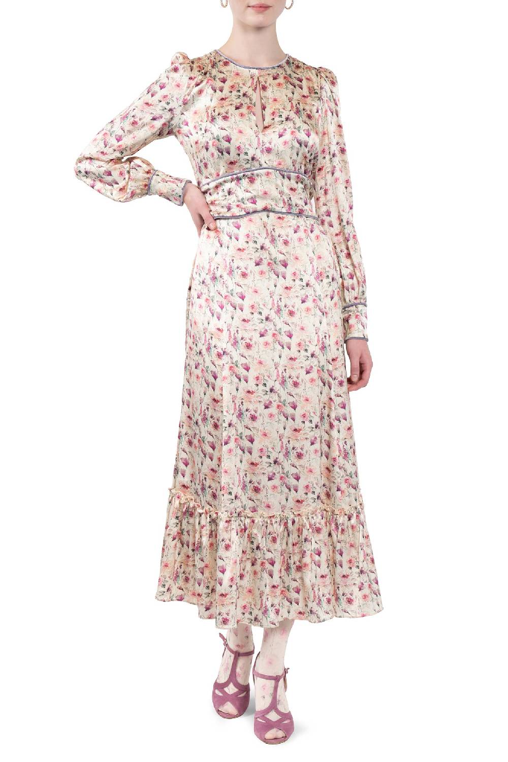 Luisa Beccaria Abito in raso stampato crema con rose selvatiche Shopping Online