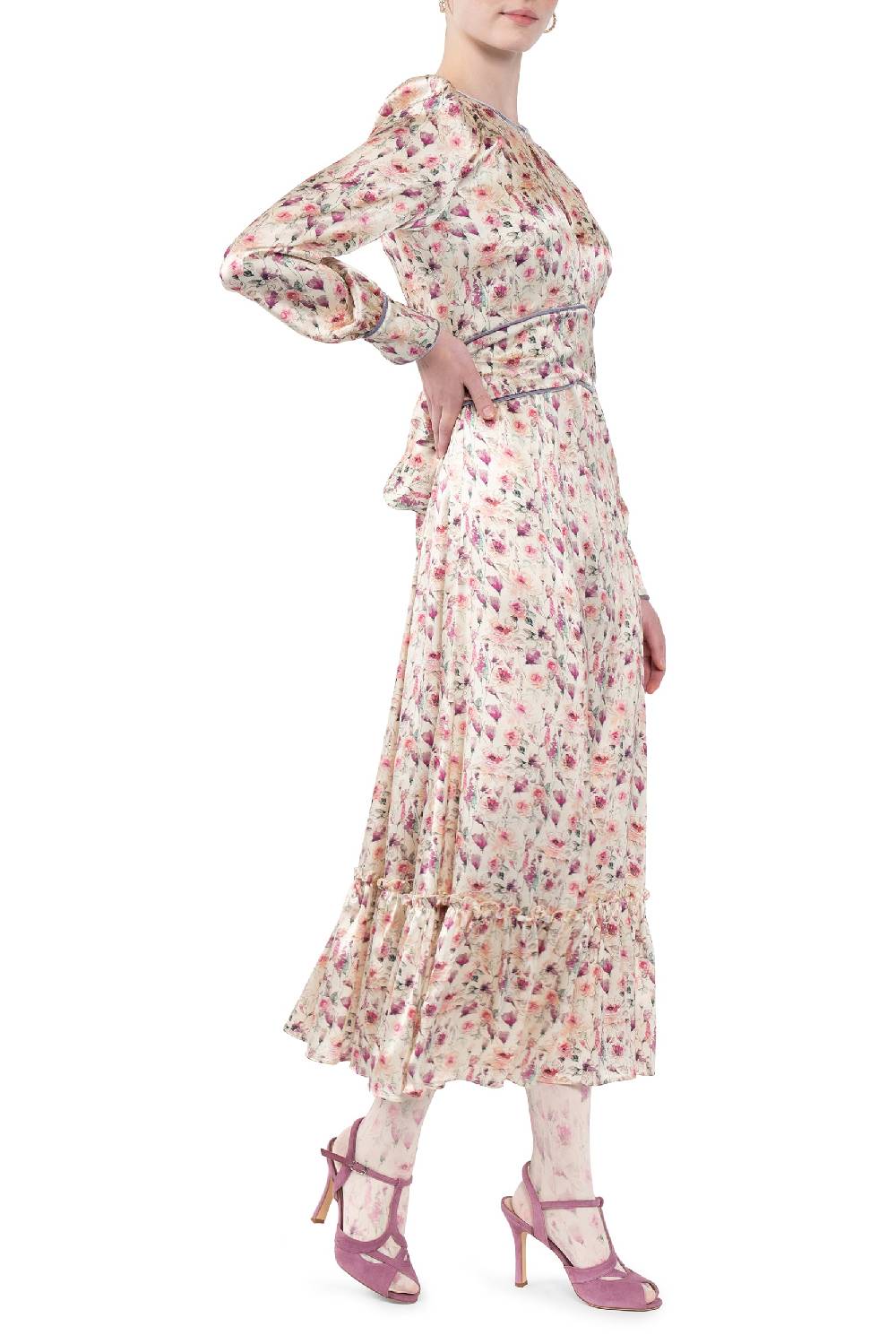 Luisa Beccaria Abito in raso stampato crema con rose selvatiche Shopping Online