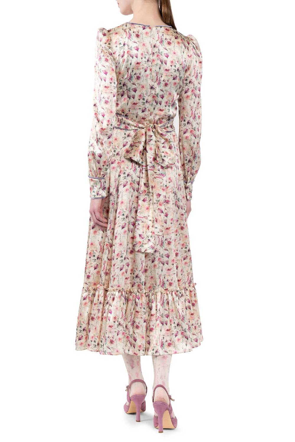 Luisa Beccaria Abito in raso stampato crema con rose selvatiche Shopping Online