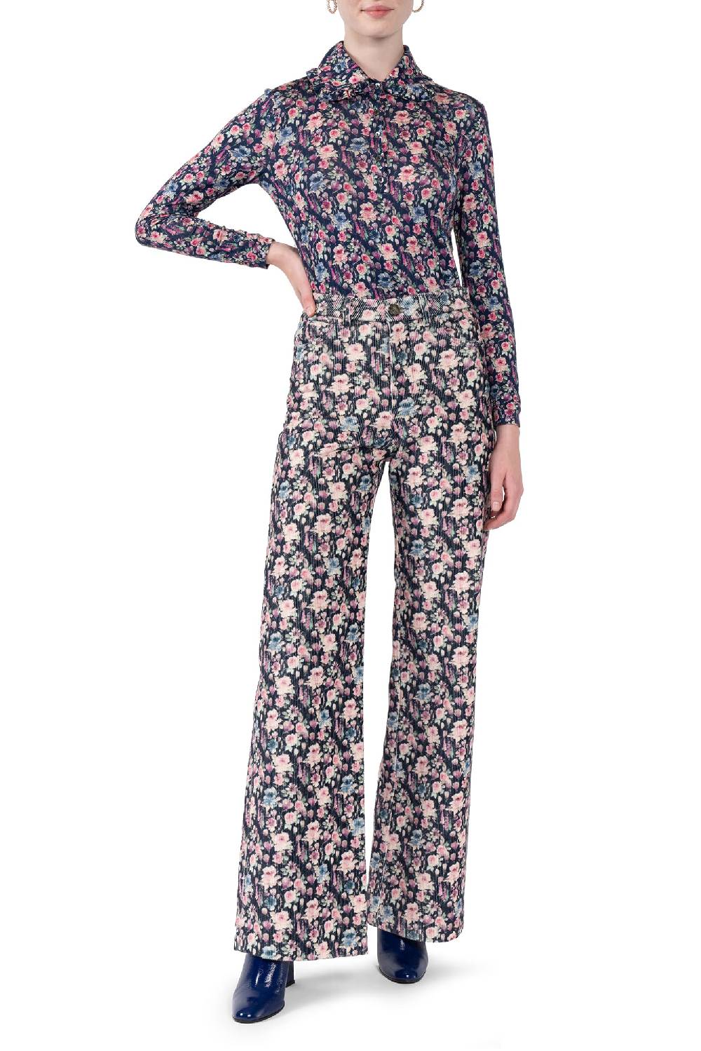 Luisa Beccaria Pantaloni palazzo in velluto a coste stampato Italy