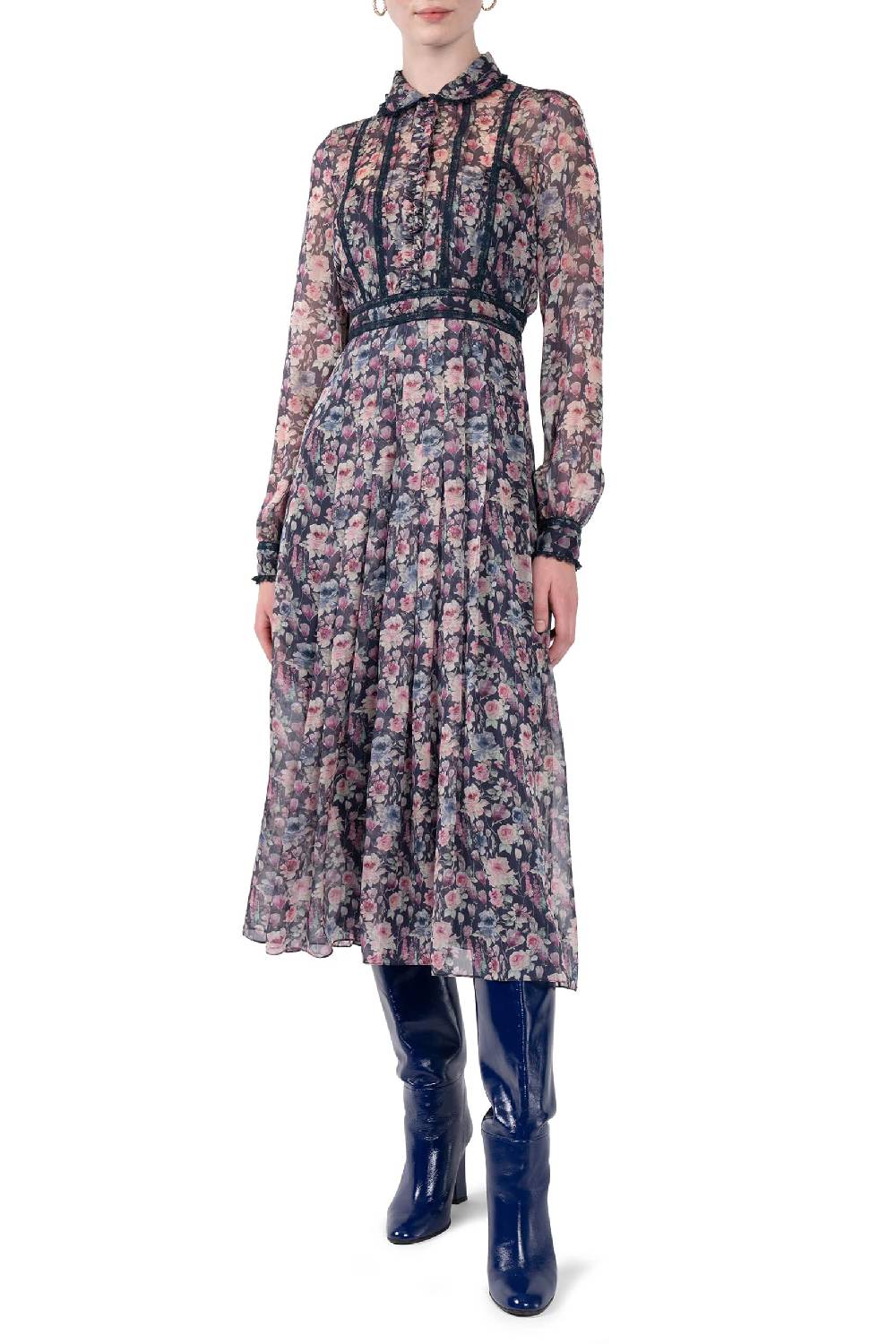 Luisa Beccaria Abito midi in chiffon stampato con rose Nuovo