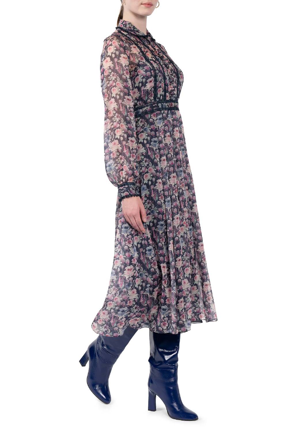Luisa Beccaria Abito midi in chiffon stampato con rose Nuovo