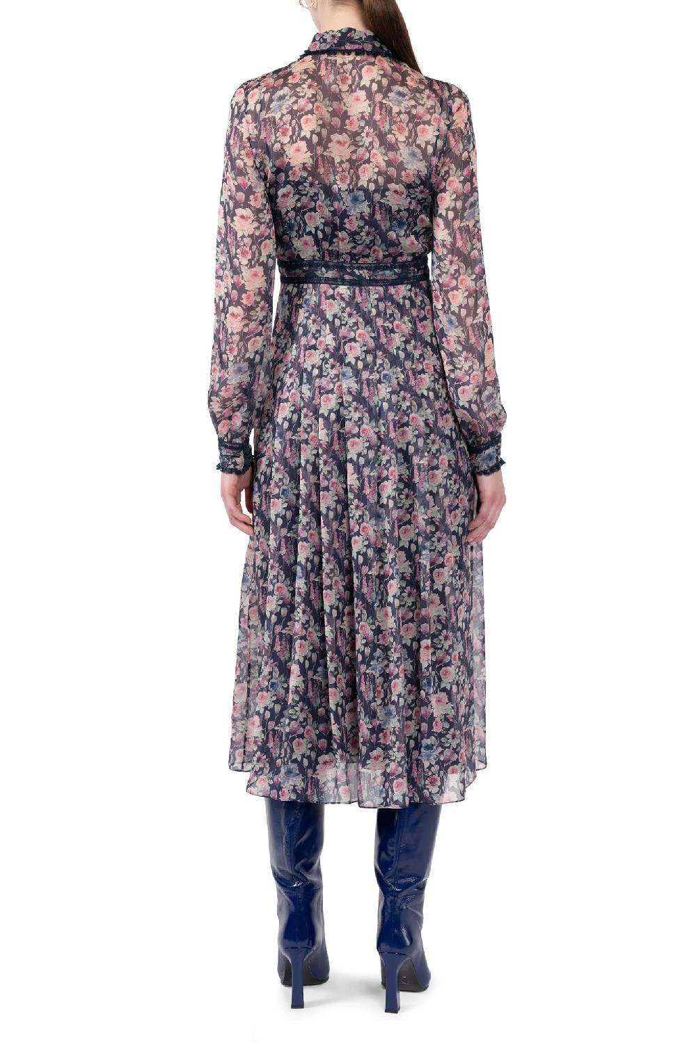 Luisa Beccaria Abito midi in chiffon stampato con rose Nuovo