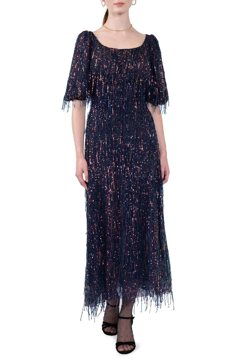 Luisa Beccaria Abito in paillettes con scollatura ampia e frange Convenienza