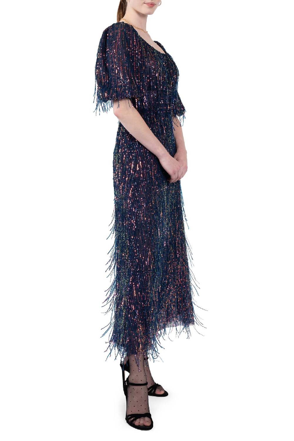 Luisa Beccaria Abito in paillettes con scollatura ampia e frange Convenienza