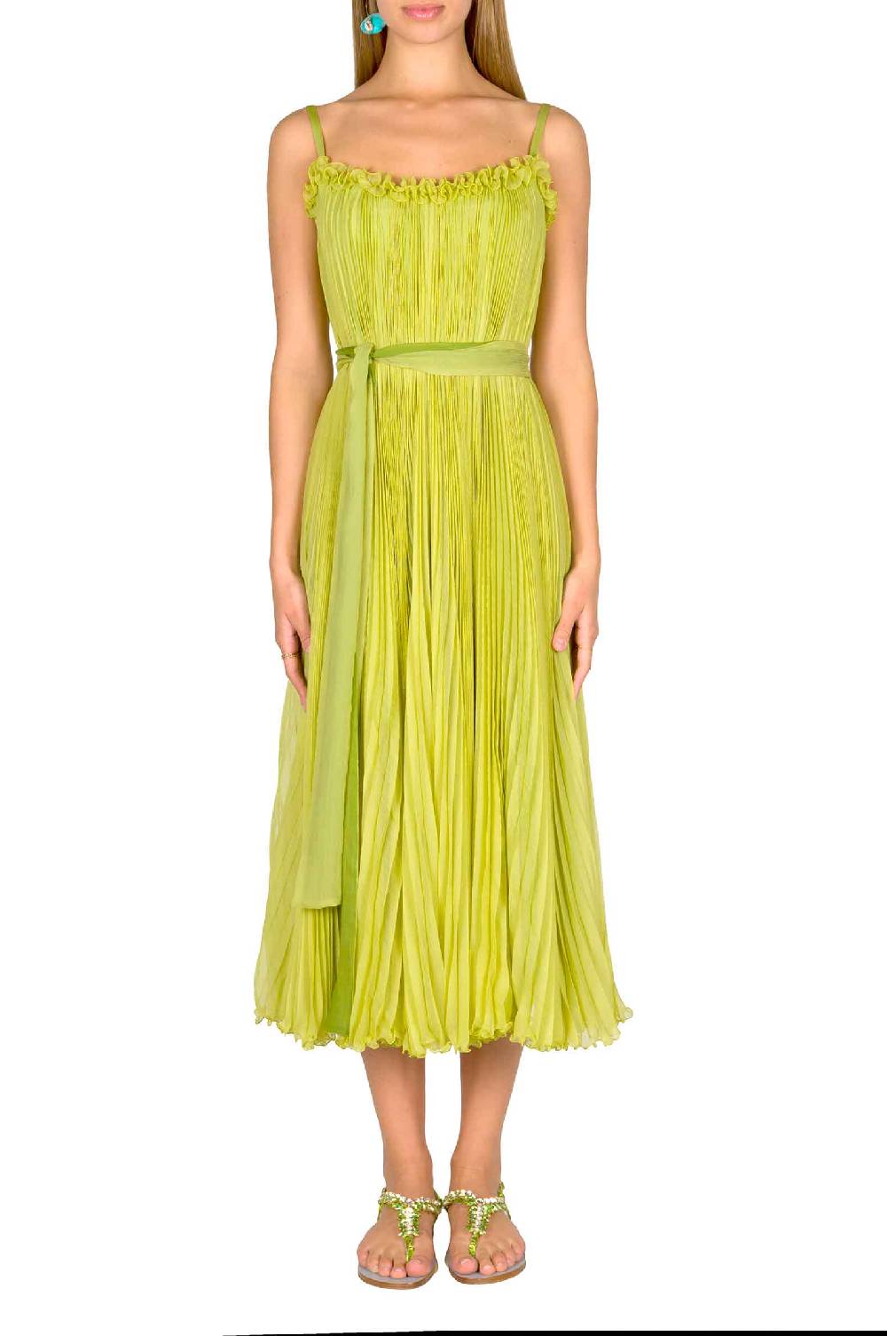 Luisa Beccaria Abito plissettato verde lime con fascia Saldi Di Fabbrica
