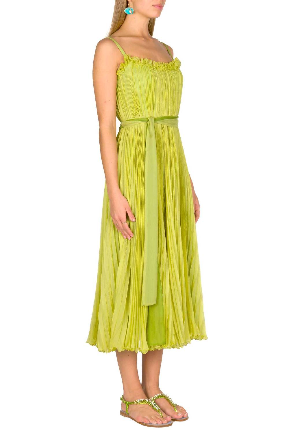 Luisa Beccaria Abito plissettato verde lime con fascia Saldi Di Fabbrica