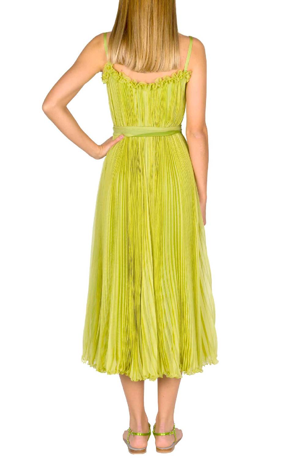 Luisa Beccaria Abito plissettato verde lime con fascia Saldi Di Fabbrica