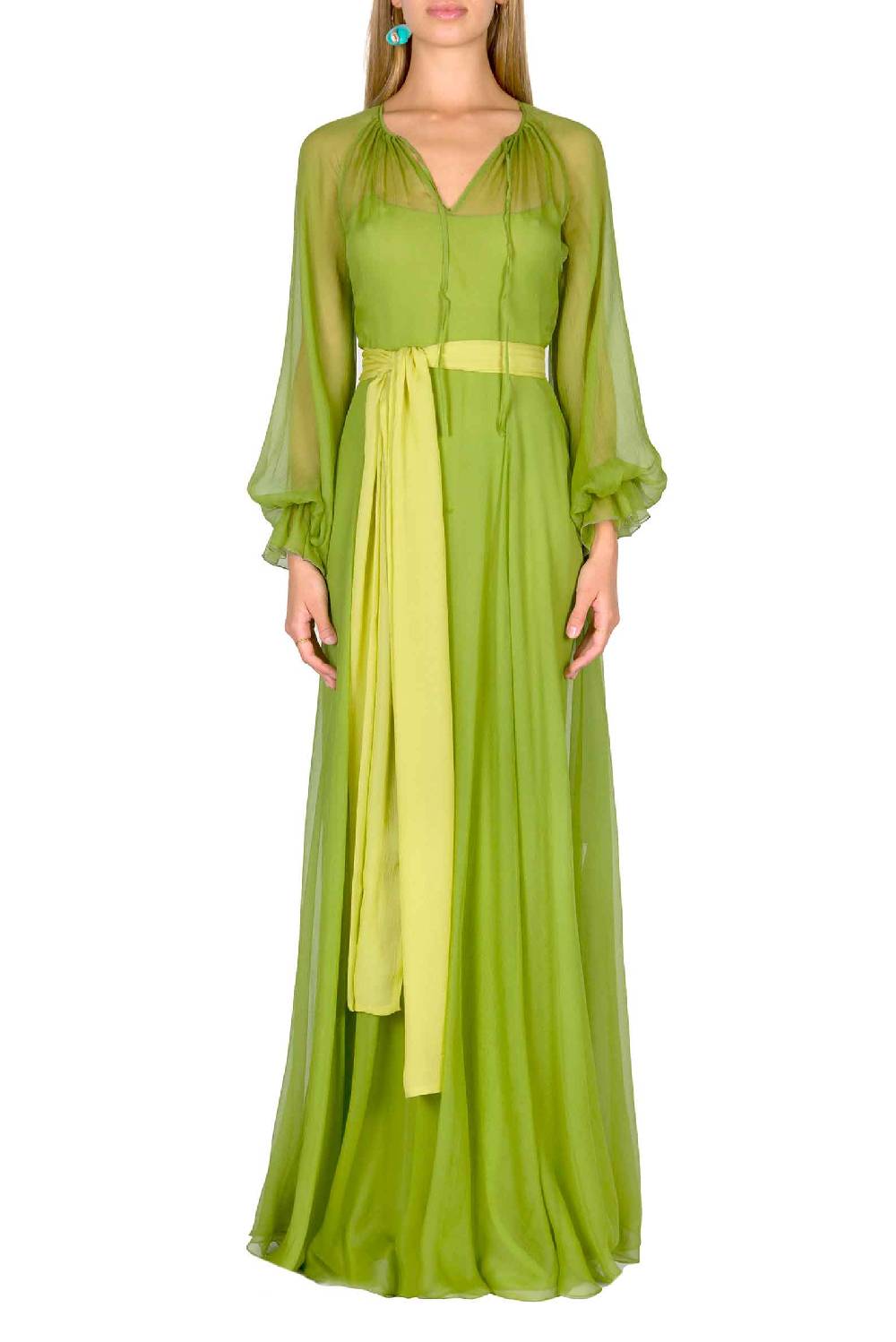 Luisa Beccaria Maxi abito in chiffon verde lime Italy