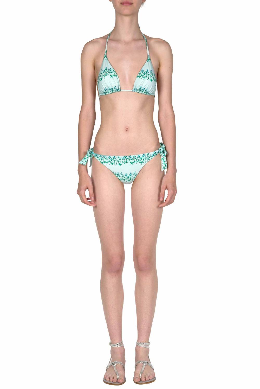 Luisa Beccaria Bikini Triangolo E Slip A Righe Fiorite Blu Nuovo