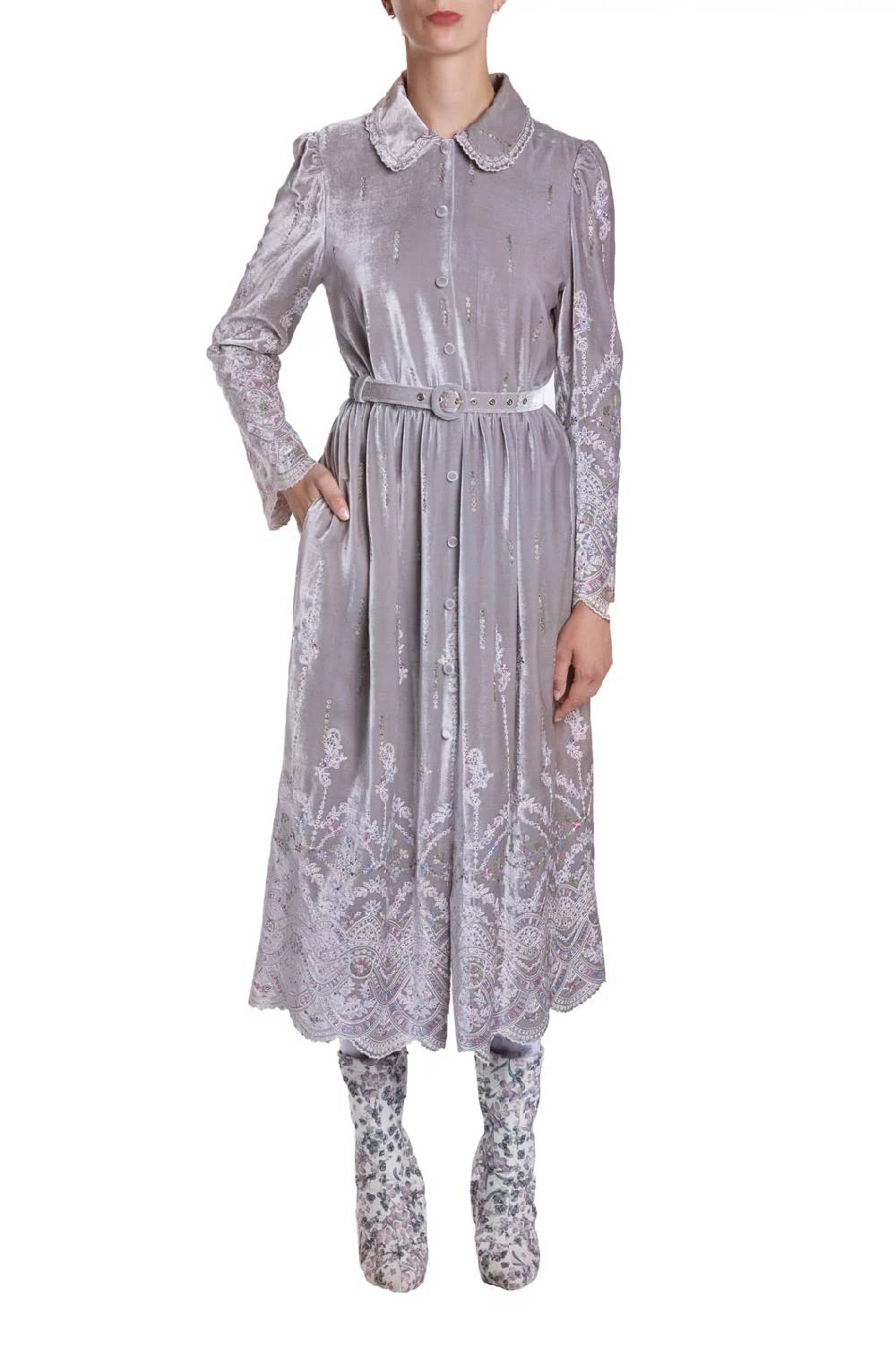 Luisa Beccaria Abito ricamato Chemisier in velluto Flash Sale