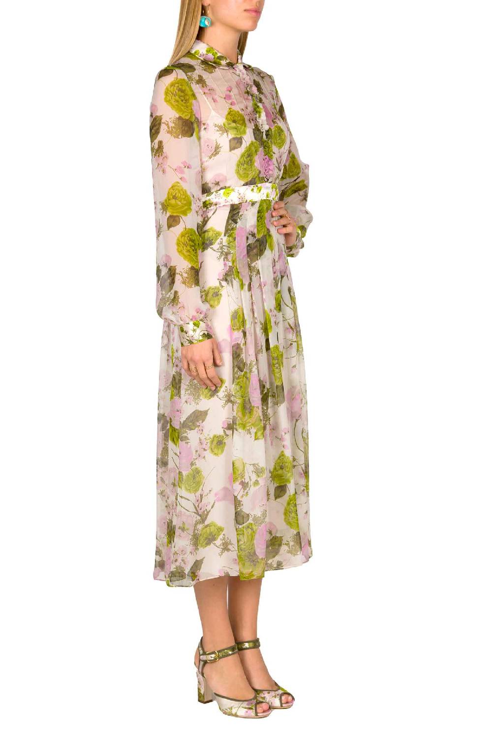 Luisa Beccaria Abito midi in chiffon stampato con rose in fiore Offerte esclusive