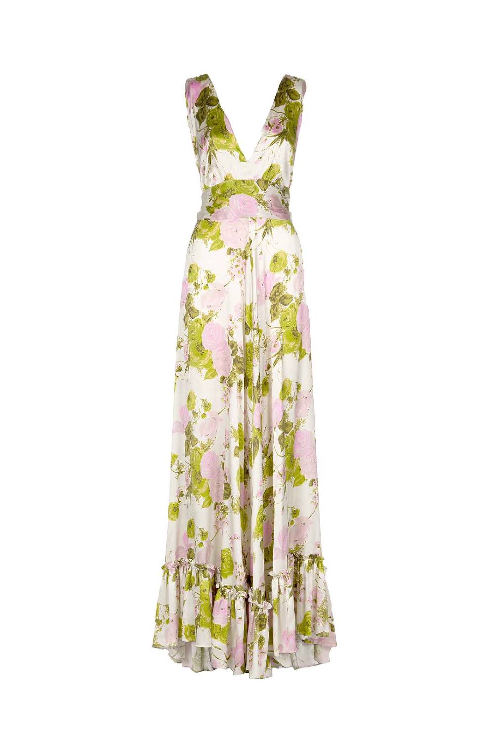 Luisa Beccaria Abito Lungo In Seta Blooming Roses Con Scollo A V Sostegno trimestrale