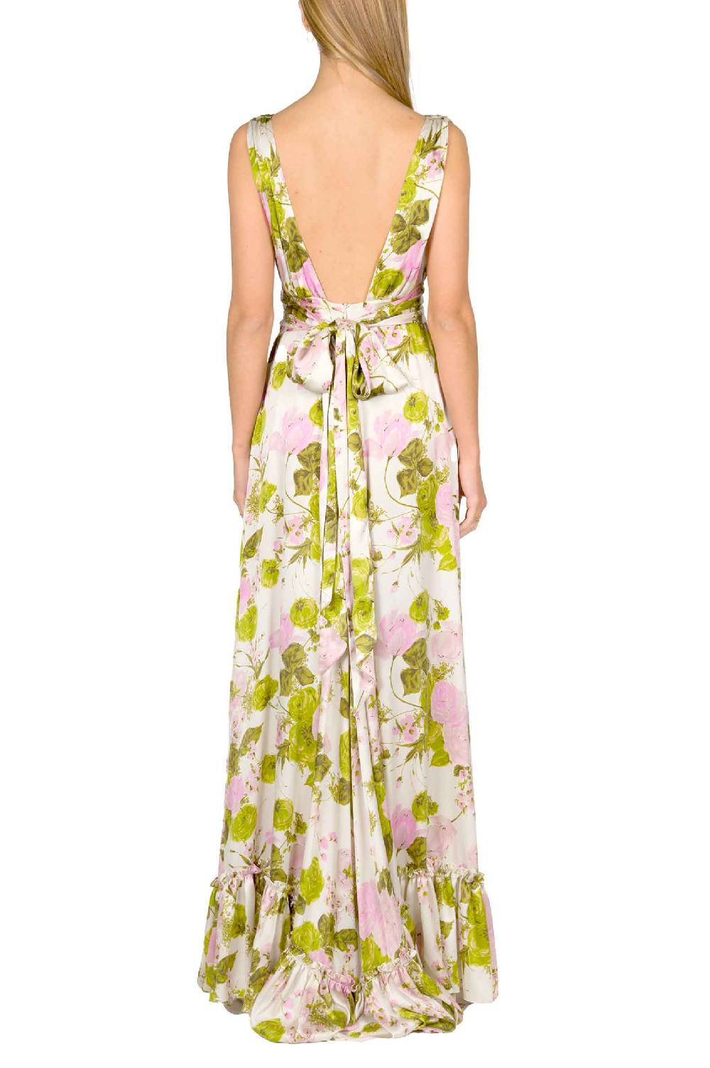 Luisa Beccaria Abito Lungo In Seta Blooming Roses Con Scollo A V Sostegno trimestrale