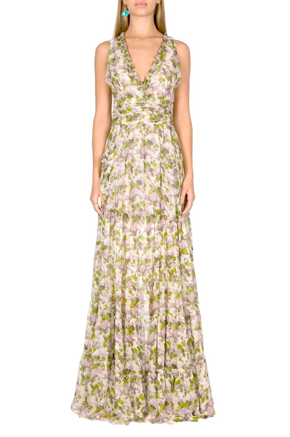 Luisa Beccaria Abito lungo in chiffon increspato con rose in fiore Enormi sconti