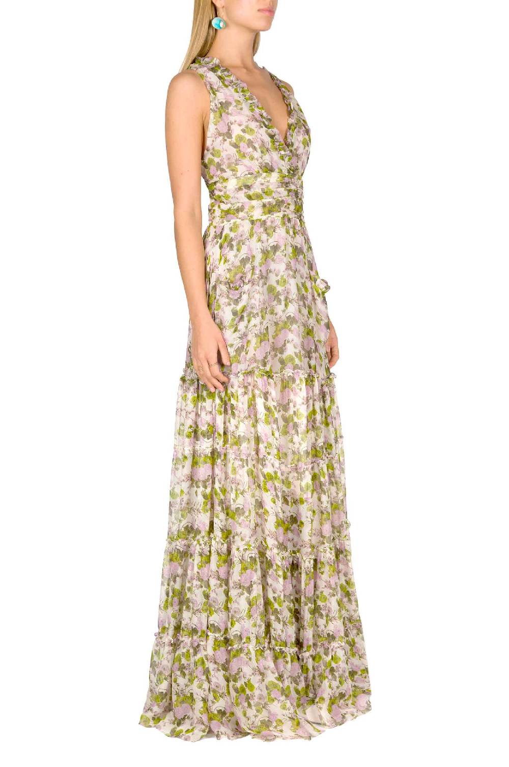Luisa Beccaria Abito lungo in chiffon increspato con rose in fiore Enormi sconti