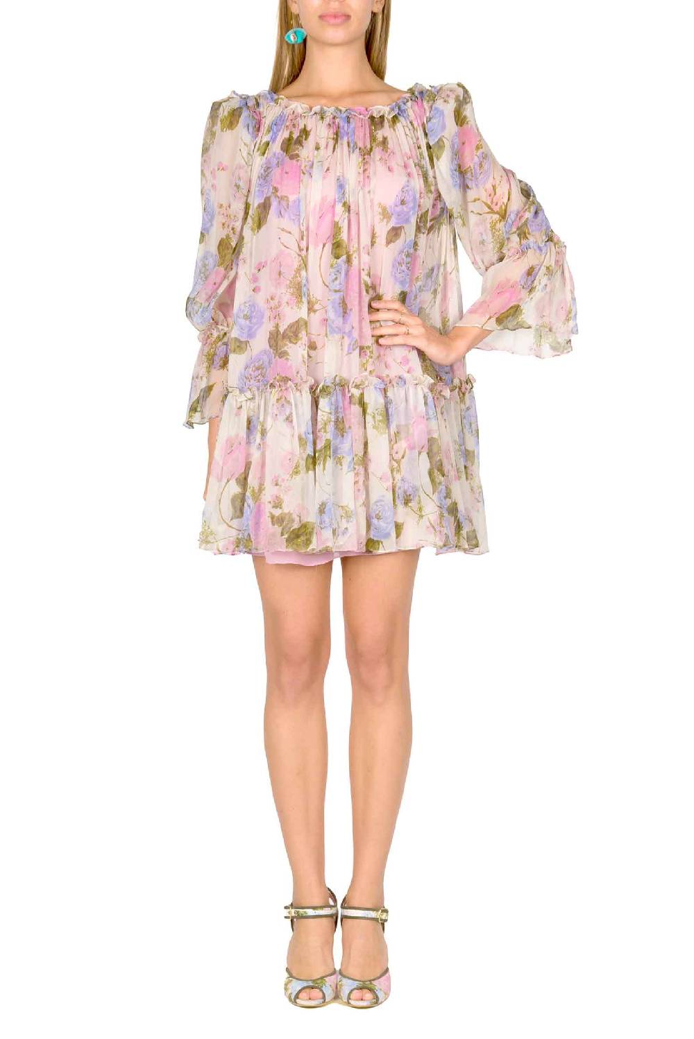 Luisa Beccaria Mini abito in chiffon stampato floreale con maniche a palloncino In vendita