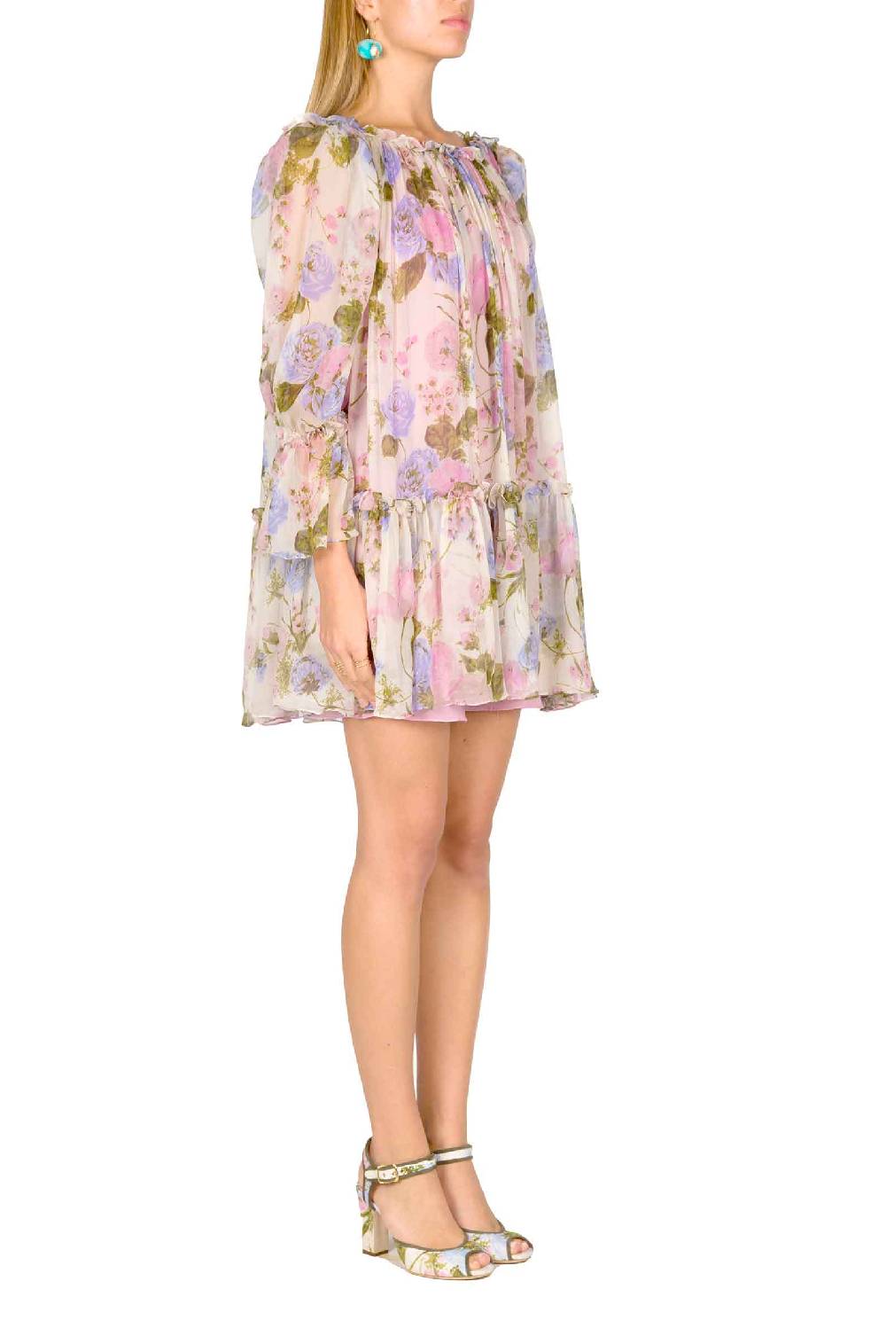 Luisa Beccaria Mini abito in chiffon stampato floreale con maniche a palloncino In vendita