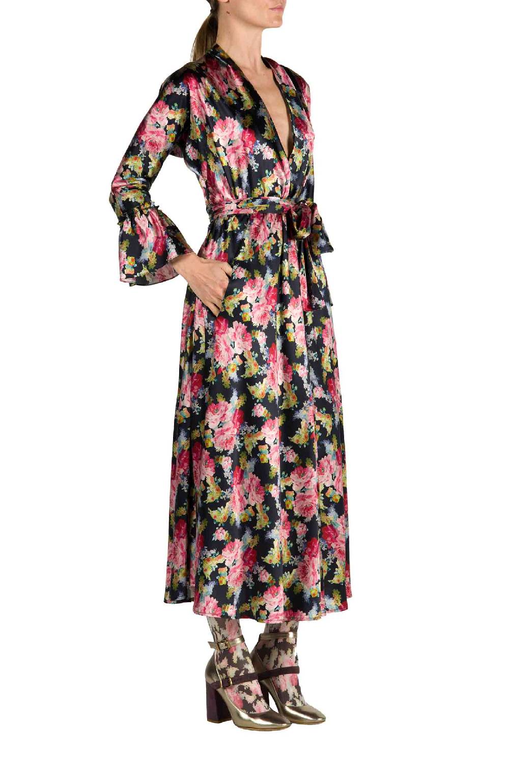 Luisa Beccaria Abito Luisa Wrap Satin Floreale Stampa Rose Fino Al -60%