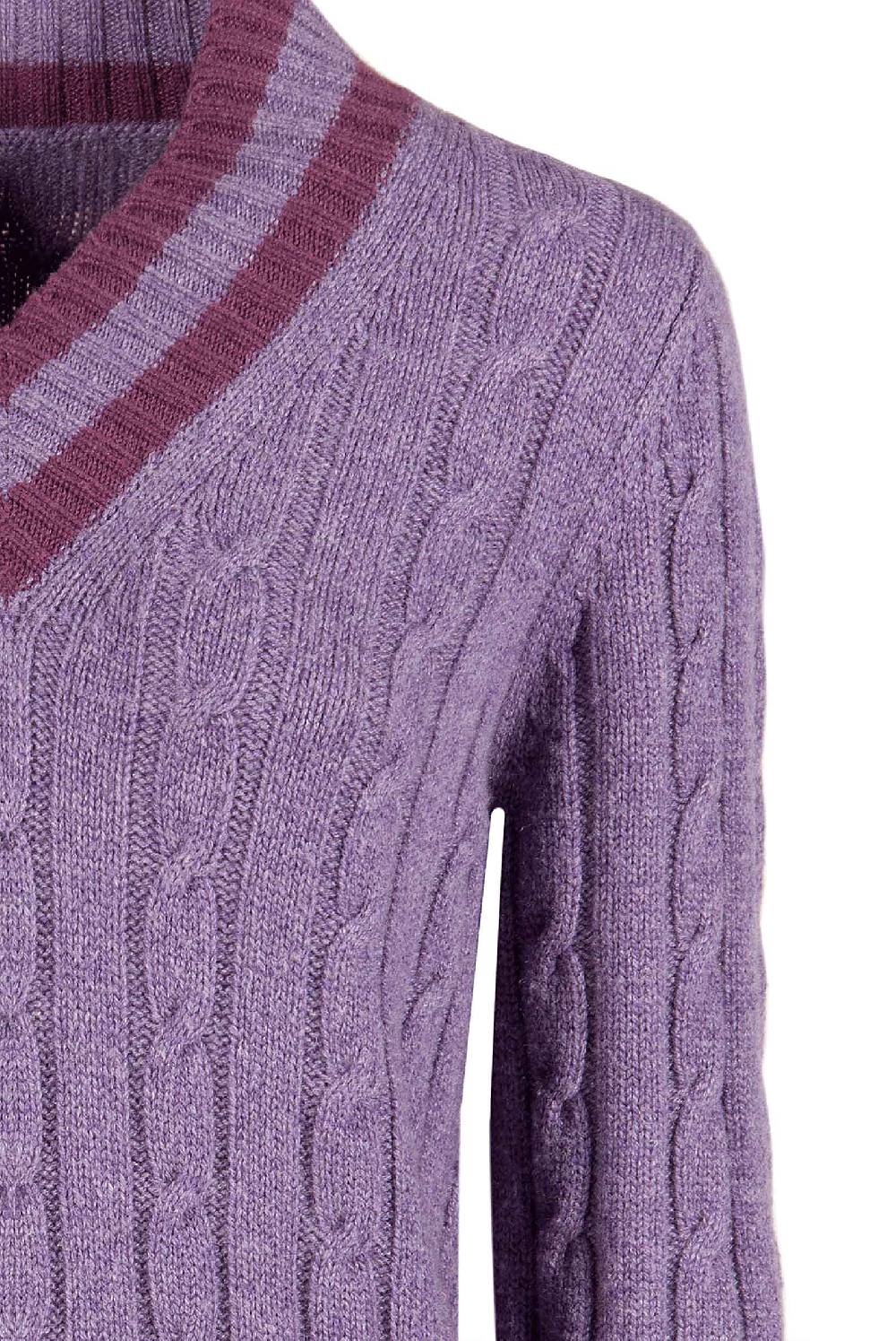 Luisa Beccaria Maglia viola in cashmere a trecce con scollo a V Novità