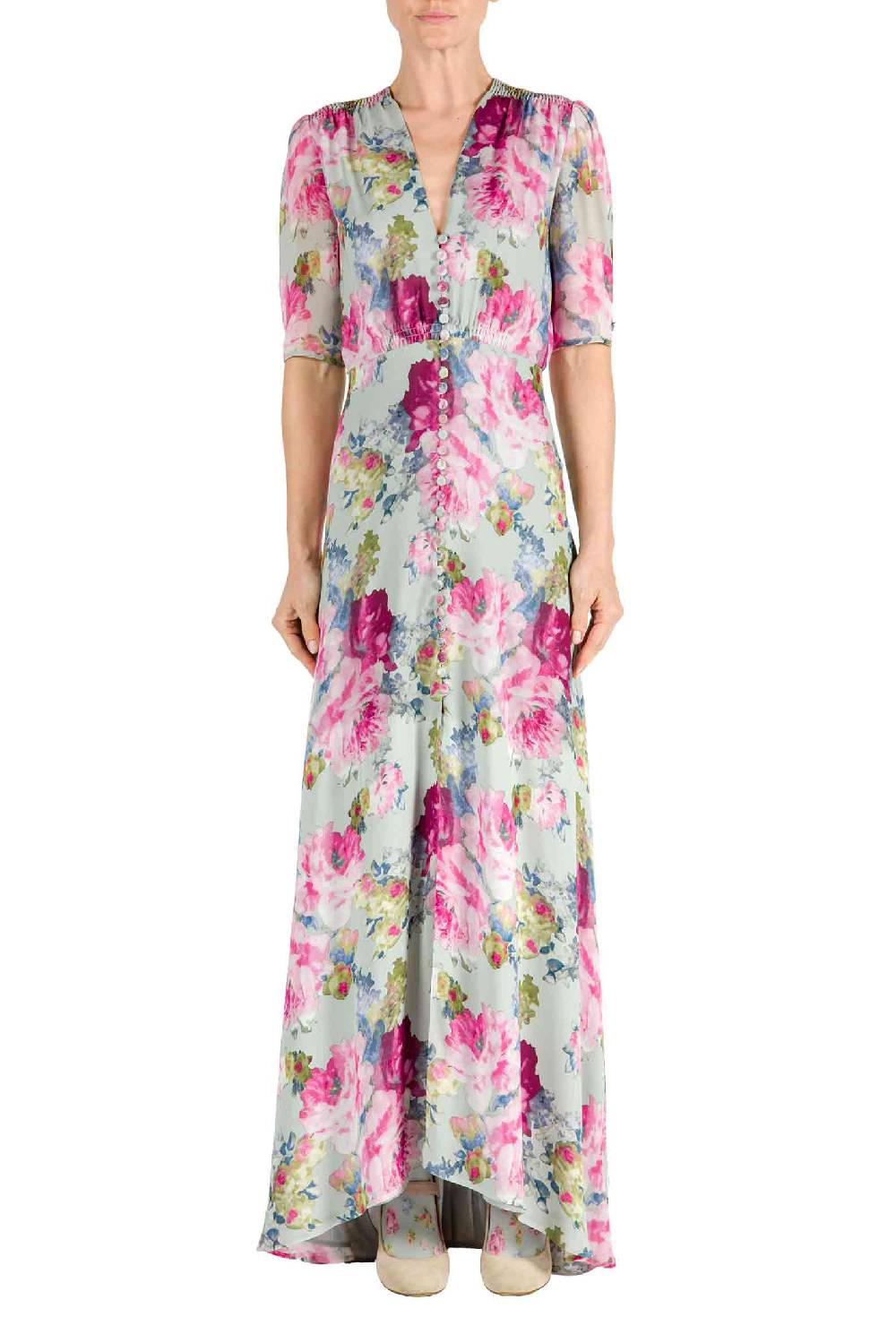 Luisa Beccaria Abito Bottoncino in Crepe Stampa Floreale Rose Vendite stagionali