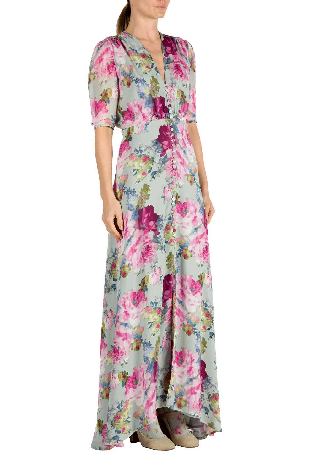 Luisa Beccaria Abito Bottoncino in Crepe Stampa Floreale Rose Vendite stagionali
