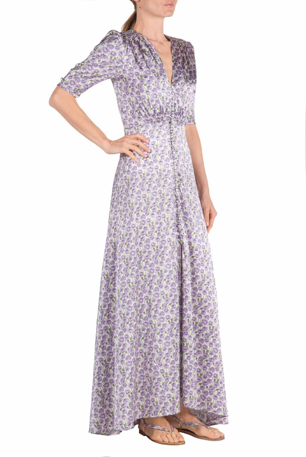 Luisa Beccaria Abito in Raso Bottoncino Micro Papaveri 50% di sconto per tempo limitato
