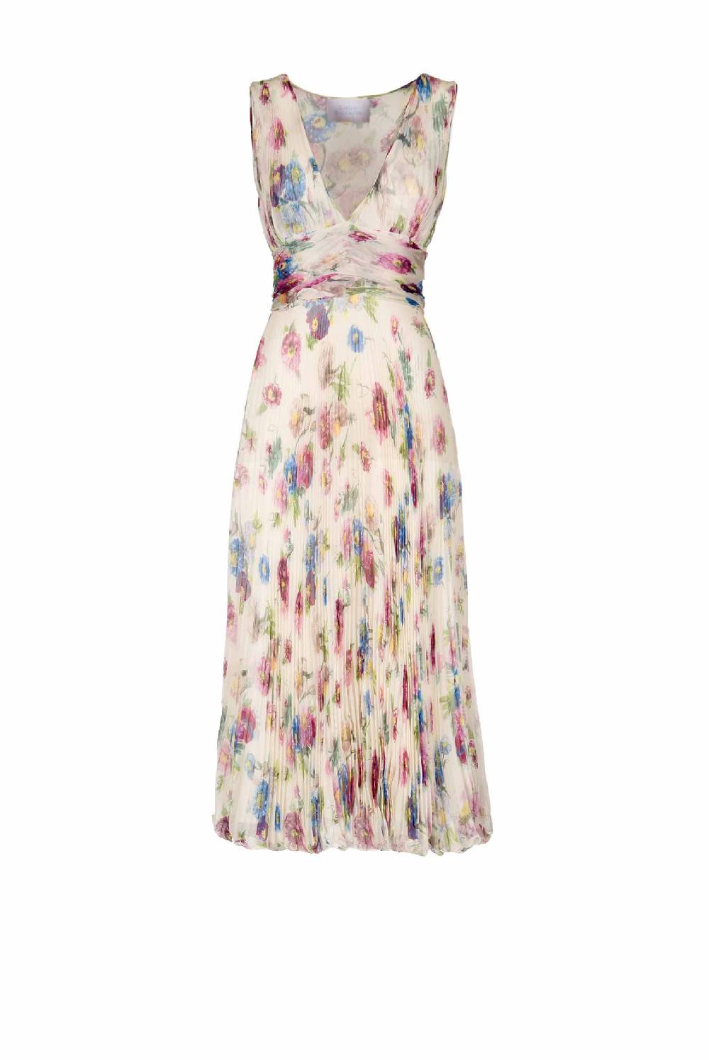 Luisa Beccaria Abito in chiffon stampato con macro anemoni a pieghe Novità