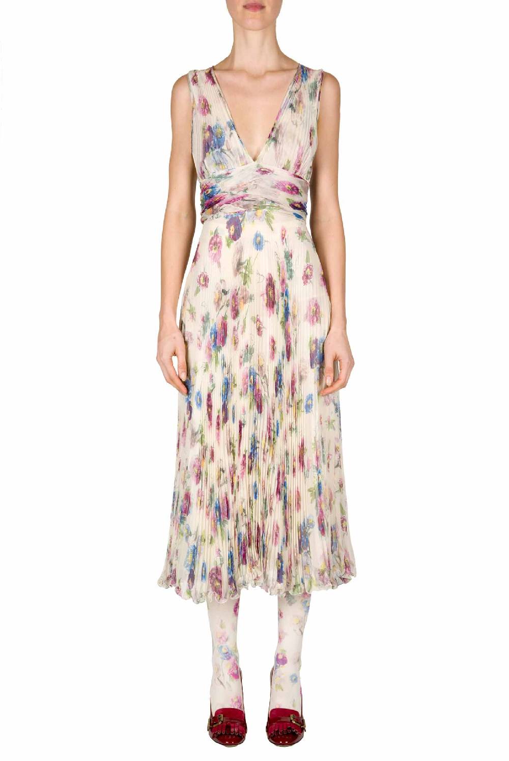 Luisa Beccaria Abito in chiffon stampato con macro anemoni a pieghe Novità
