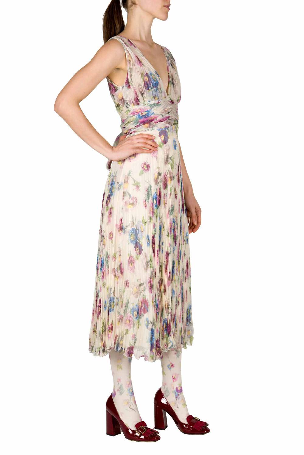 Luisa Beccaria Abito in chiffon stampato con macro anemoni a pieghe Novità