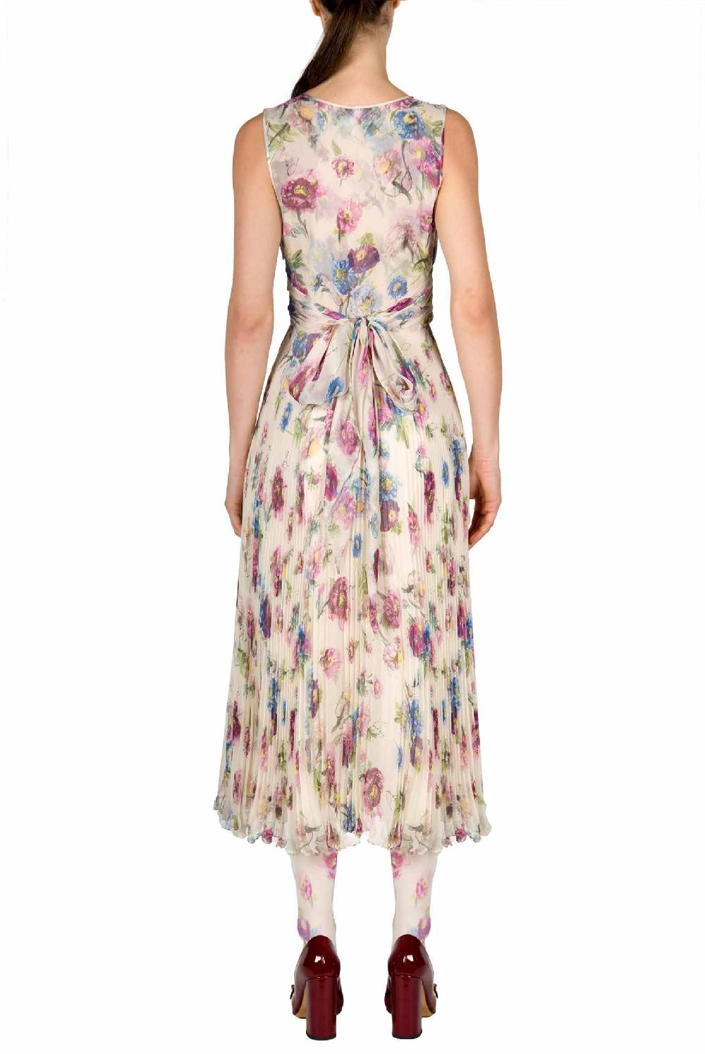 Luisa Beccaria Abito in chiffon stampato con macro anemoni a pieghe Novità