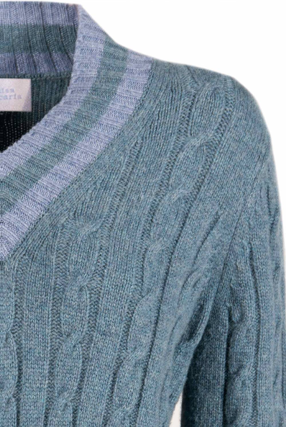 Luisa Beccaria Maglione scollo a V in cashmere a trecce petrolio Saldi